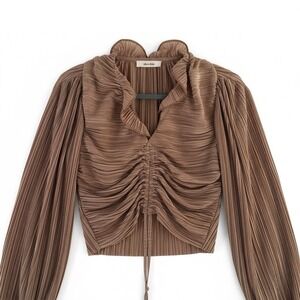 idem ditto Women's Brown Pleated Ruffle Drawstring Balloon Sleeve Cropped Blouse